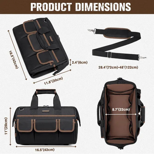 Vista 3 de Bolsas de herramientas resistentes de 16.5 pulgadas para hombres, bolsa de herramientas grande de 34 bolsillos con correa de hombro ajustable