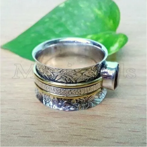 Vista 2 de Gemstone Spinner Ring for Women, 925 Sterling Silver Boho Meditation Band with Amethyst, Moonstone, Opal, Garnet, Gift for Her
