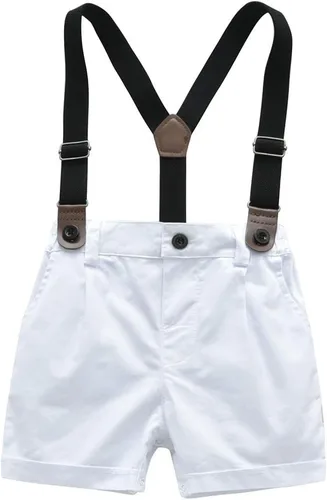 Vista 6 de Conjunto de pantalones cortos para bebés y niños, camiseta de manga corta, pantalones con tirantes y corbatín, 4 piezas
