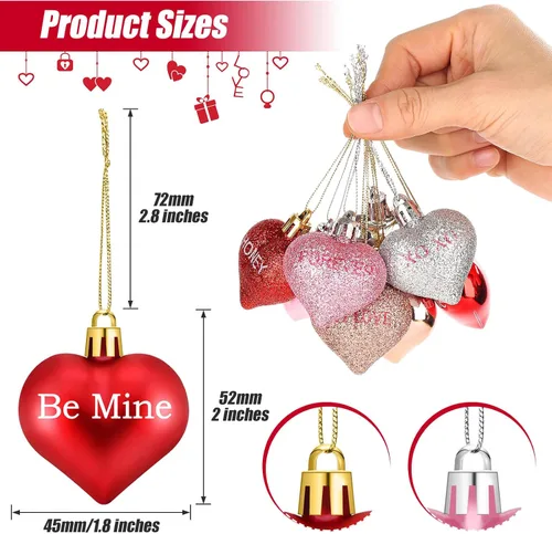 Vista 4 de Shynek 68 adornos de corazón para el día de San Valentín para árbol, bolas de corazón de San Valentín con palabras de amor dulces para decoraciones