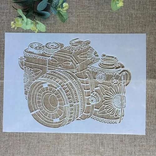 Vista 5 de TIAMECH Plantilla de cámara 3D reutilizable A4 para pintar, plantilla de capas de cámara digital de mandala, arte de pared de bricolaje, muebles