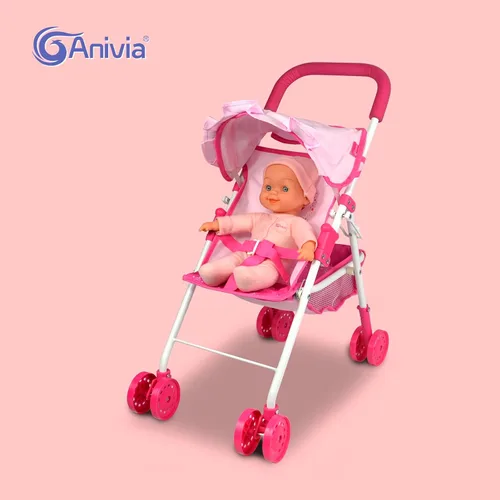 Vista 5 de Colección de muñecas de bebé, cochecito de muñeca Anivia, diseño de corazón, regalos para niños pequeños y niñas, cochecito de muñeca plegable