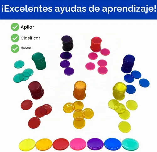 Vista 5 de MR CHIPS Chips de bingo de plástico para juegos 1000 unidades - Mezcla transparente de 7 colores que cuenta 3/4 pulgadas