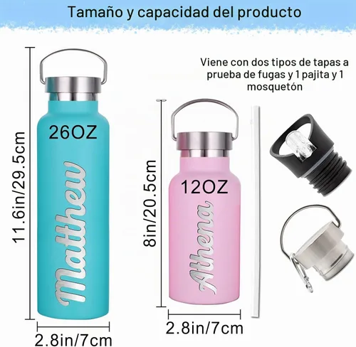 Vista 6 de Botellas de agua personalizadas con tapa de popote de 12/26 onzas con nombre grabado, logotipo, botella aislada personalizada, botellas de agua