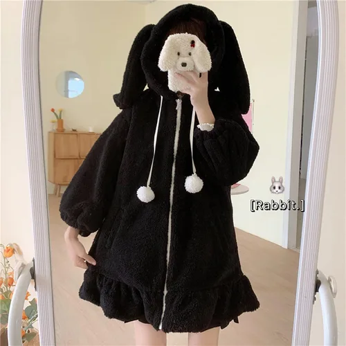 Vista 2 de Sudadera con capucha para mujer, con orejas de conejo, de manga larga, mullida, mullida, con capucha, abrigos