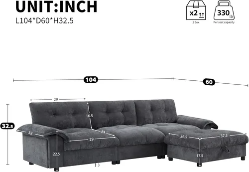Vista 29 de Sofá modular moderno en forma de U de 115 pulgadas, juego de sofás tapizados grandes con asiento de almacenamiento, sofá cama convertible con diván