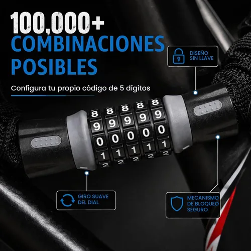 Vista 3 de Revas - Cerradura de bicicleta resistente con combinación de 5 dígitos antirrobo Cerradura de seguridad resistente a la intemperie y a los cortes