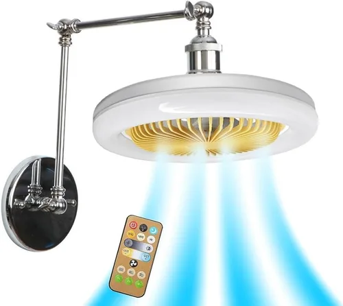 Vista 8 de Industrial Wall Lamp with Socket Fan Bulb, Bladeless 3-Speed Adjustable Fan Sconce, Swing Arm Dimming Led Lighting for Garage, Closet, Kitchen, Gold