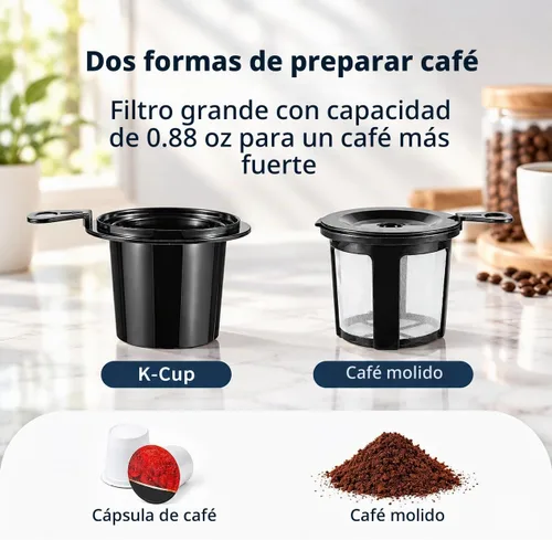 Vista 3 de Cafetera de una sola porción, KCup y café molido, preparación de un Negro
