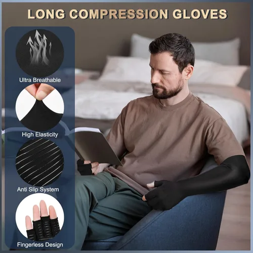 Vista 2 de Guantes largos de compresión de cobre para artritis para mujeres y hombres, guantes médicos de compresión para brazos y manos, guantes de presión