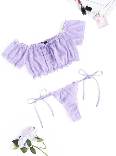 Vista 3 de Avidlove - Conjunto de brasier y braga con volantes, conjunto de lencería tipo babydoll de malla