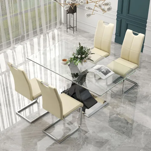 Vista 2 de Juego de comedor moderno de vidrio de lujo de 5 piezas, juego de cena rectangular minimalista grande para 4, juego de mesa de cocina de vidrio