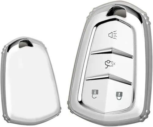 Vista 3 de ontto Protector de llave de automóvil compatible con Cadillac de 4 botones, carcasa de TPU suave con borde plateado para Escalade CTS SRX XT5 ATS