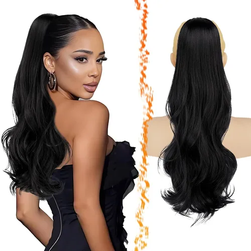 Vista 14 de BARSDAR Extensión de cola de caballo con cordón ondulado negro y marrón – 20 pulgadas con clip de cordón para mujer, extensiones de cabello Negro