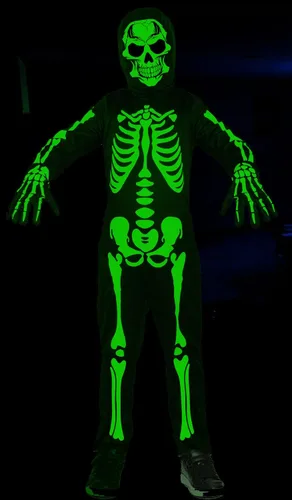 Vista 2 de Disfraz de esqueleto para niños que brilla en la oscuridad, disfraces aterradores de Halloween para niños (negro, 12-14 años)
