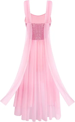 Vista 3 de ODASDO Vestido de baile lírico para mujeres adultas, moderno, contemporáneo, con lentejuelas, tul de malla, falda alta y baja, ropa de baile
