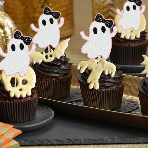 Vista 5 de Gyufise 24 adornos de fantasmas para cupcakes con purpurina rosa para Halloween, fantasma, baby shower, decoración de cupcakes, comida fantasma
