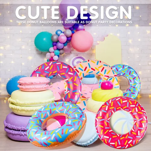 Vista 4 de Meooeck 12 piezas de donas inflables surtidas inflables para piscina, flotadores de tubo circular, decoración de fiesta de cumpleaños, globos
