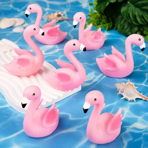 Vista 2 de Patos de goma de flamenco rosa, 12 juguetes de baño de flamenco a granel para niños, decoración de pastel de pato de goma flamenco pequeño, premios