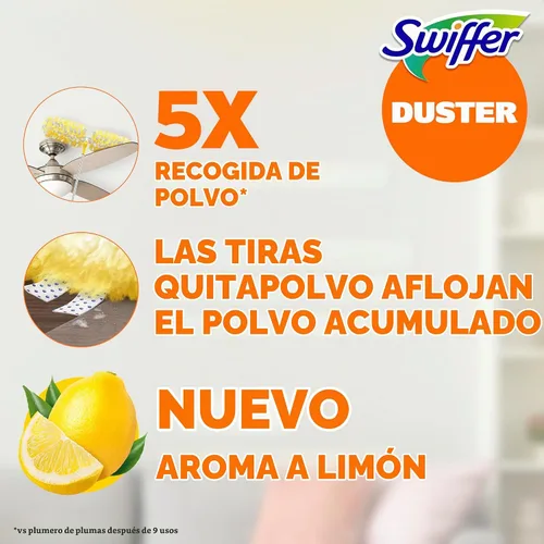 Vista 2 de Swiffer Kit de plumero con mango súper extensible de 6 pies, kit de inicio resistente con 8 repuestos, aroma a limón