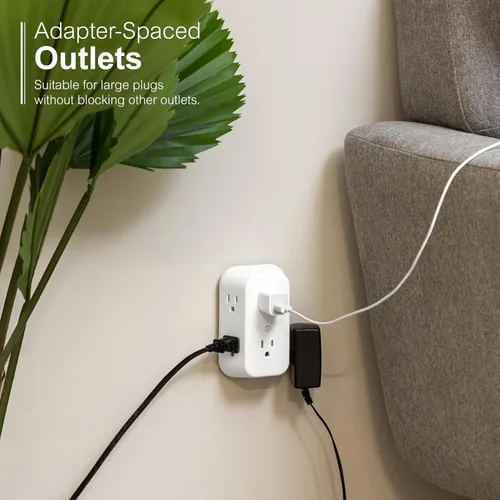 Vista 4 de GE Extensor de salida, divisor de alimentación de pared de 6 enchufes múltiples Blanco