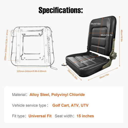 Vista 5 de Asiento de tractor de suspensión de PVC con ángulo de respaldo ajustable de 140° Negro Se adapta a carretilla elevadora de excavadora, tractor