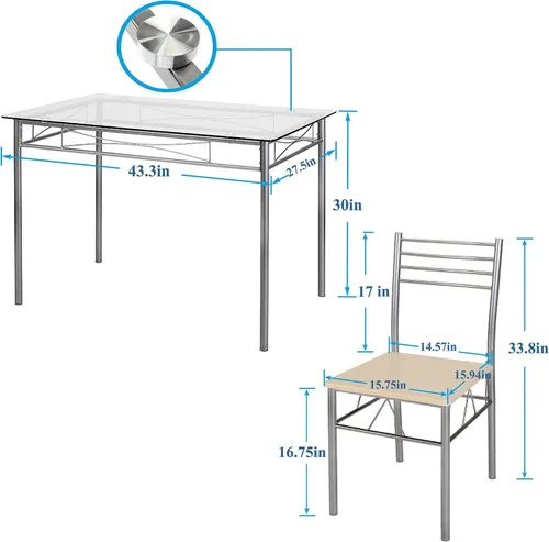 Vista 8 de VECELO Mesa y sillas de comedor de cocina para 4, juegos de comedor de 5 piezas, ahorro de espacio, 42.1 pulgadas, plata bruñida Negro