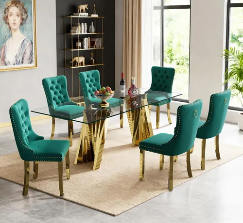 Vista 14 de Juego de mesa de comedor de cristal dorado de 5 piezas, 70 pulgadas, rectangular, moderna, para cocina y comedor, juego para 4, mesa de comedor