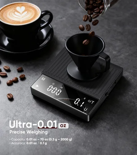 Vista 4 de Báscula de café recargable con temporizador, mini báscula de café expreso de 4.4 lbs/0.00 oz de alta precisión para café expreso y café, báscula