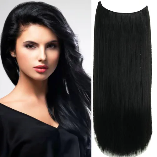Vista 6 de Extensiones de cabello humano de 14 pulgadas, color negro, largo, lacio, alambre invisible con alambre transparente, 4 clips de seguridad
