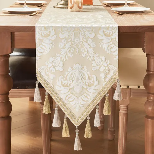 Vista 17 de Loom and Mill - Camino de mesa de damasco elegante y lujoso, 72 pulgadas de largo, color beige Jacquard Table Runners with Handmade Multi-Tassels