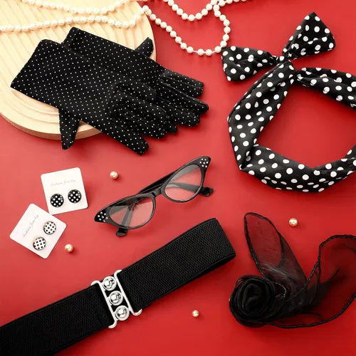 Vista 7 de Newcotte 7 piezas de accesorios de disfraz de los años 50 para mujer, bufanda, lunares, ojo de gato, bandana, diadema, aretes, guantes, cintura