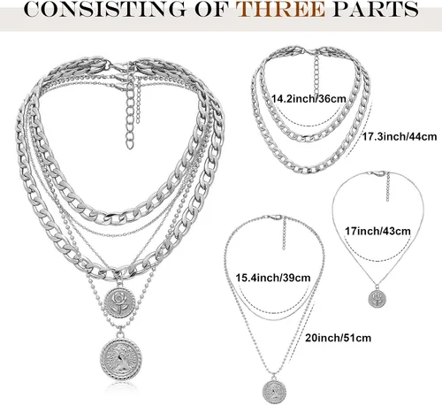 Vista 3 de MJartoria Collares de oro en capas para mujer, collar retro de moda con dije de moneda, collar de oro, cadena de eslabones gruesos, gargantilla