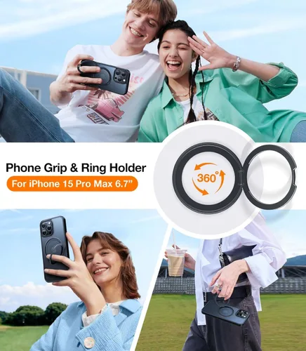 Vista 3 de TORRAS Anillo Magnético Giratorio 360° Mejorado para Funda iPhone 15 Pro Max, Compatible con MagSafe con Soporte de Anillo, 16FT Grado Militar