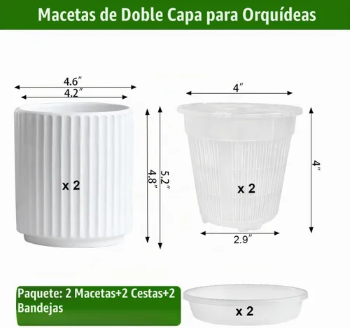 Vista 2 de MUZHI Macetero de cerámica blanca de doble capa con platillo, macetas de orquídeas con agujeros de 4.6 pulgadas, juego de 2, moderna maceta Blanco