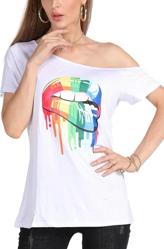Vista 48 de MAGICMK - Camiseta casual para mujer, con estampado de labios y hombro descubierto, talla extragrande