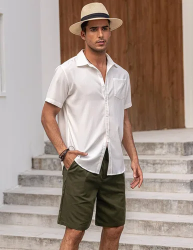 Vista 2 de COOFANDY Mens Linen Short Elastic Waist Drawstring Casual Summer Beach Shorts