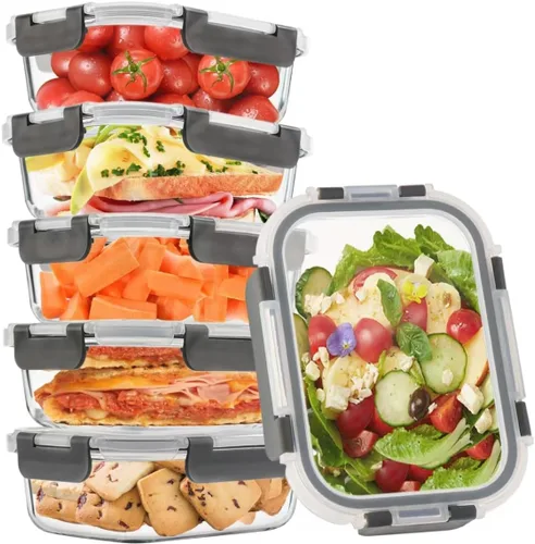 Vista 9 de Paquete de 6 recipientes de vidrio para almacenamiento de alimentos con tapas, ideales para preparación de comidas, sobras, aptos para congelador a