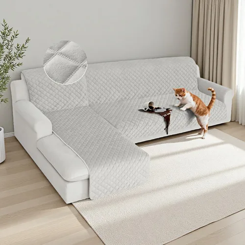 Vista 13 de HDCAXKJ Fundas impermeables para sofá modular, acolchadas de terciopelo, 2 piezas, en forma de L, lavables, gruesas, antideslizantes, con protector