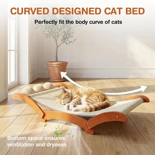 Vista 6 de Cama rascador para gatos 3 en 1 extragrande con 3 bolas de sisal interactivas, poste rascador de madera maciza con juguete, hamaca resistente