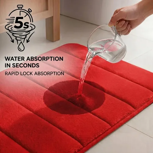 Vista 4 de Juego de 2 alfombras de baño de espuma viscoelástica, súper suaves, absorbentes, de secado rápido, alfombras de baño de espuma viscoelástica Rojo