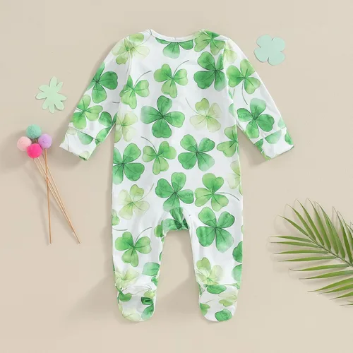 Vista 4 de Beautooly Trajes irlandeses para bebé niña, lindo mameluco de manga larga con lazo para la cabeza, día de San Patricio, ropa para recién nacida