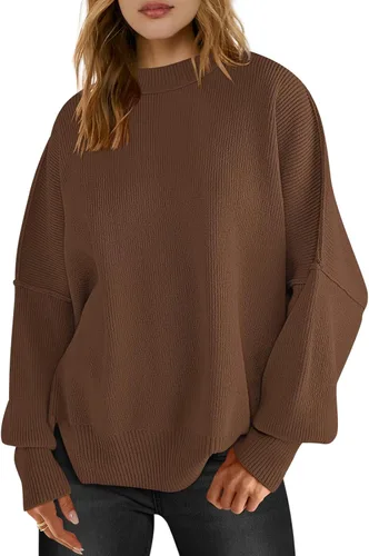 Vista 5 de LOGENE Suéter de punto acanalado de gran tamaño con cuello redondo y abertura lateral para mujer