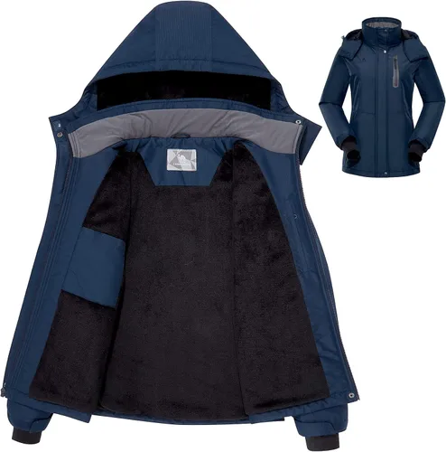 Vista 2 de CAMEL CROWN Chaqueta de esquí para mujer, impermeable, cálida, para invierno, con capucha, rompevientos, rompevientos, resistente al viento
