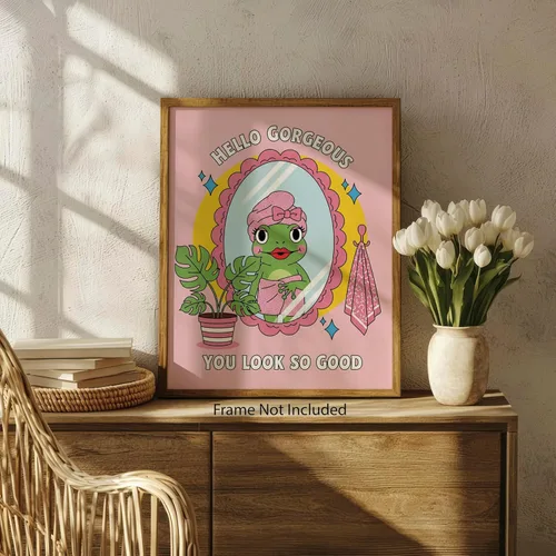 Vista 5 de Mirror Frog Says You Slay - Pink Frog Decor - Cute Bathroom Art for College Girls - Retro Bathroom Wall Art - Room Decor for Teens - Unframed 8x10