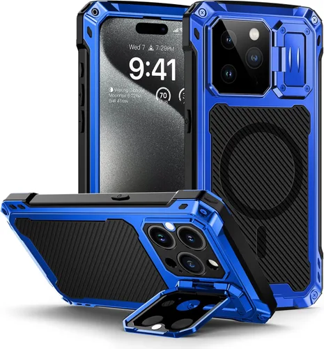 Vista 7 de Lanhiem Funda de metal para iPhone 13 con funda de cámara y soporte [compatible con MagSafe] [Soporte integrado] [Protección de grado militar] Funda