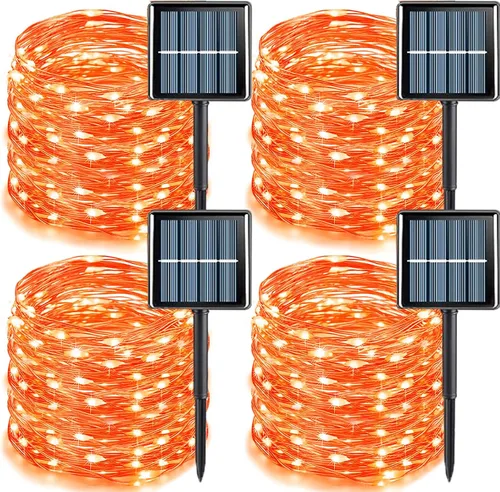 Vista 12 de YEGUO Paquete de 4 luces solares de Halloween de 33 pies, 100 luces LED moradas de Navidad impermeables para exteriores, 8 modos de luces solares