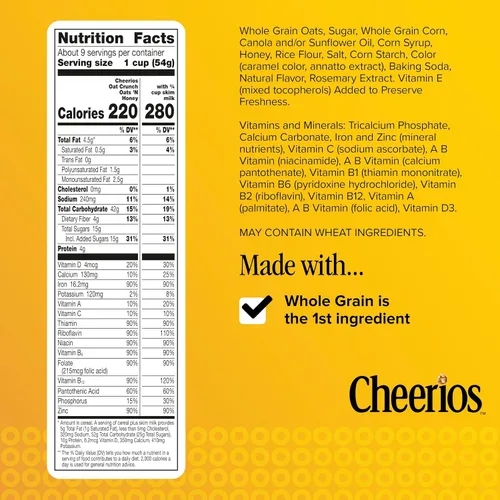 Vista 2 de Cheerios Oat Crunch Oats 'N Honey Cereal para desayuno, hecho con grano entero, tamaño grande, 18.2 onzas
