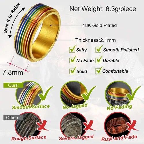 Vista 37 de FaithHeart Anillos para ansiedad LGBT Pride Rainbow, acero inoxidable/chapado en oro de 18 quilates, joyería de amor es amor para hombres y mujeres