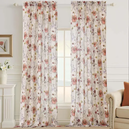 Vista 9 de Cortinas Transparentes Arrugadas de 96 Pulgadas de Largo 2 Paneles, Cortinas Florales Transparentes con Diseño Impreso para Sala de Estar